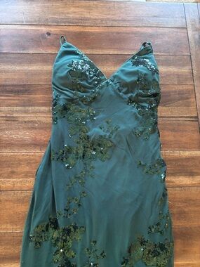 Lulu's Valhalla Forest Green Spaghetti Strap Sequin Lace up Maxi Prom Dress